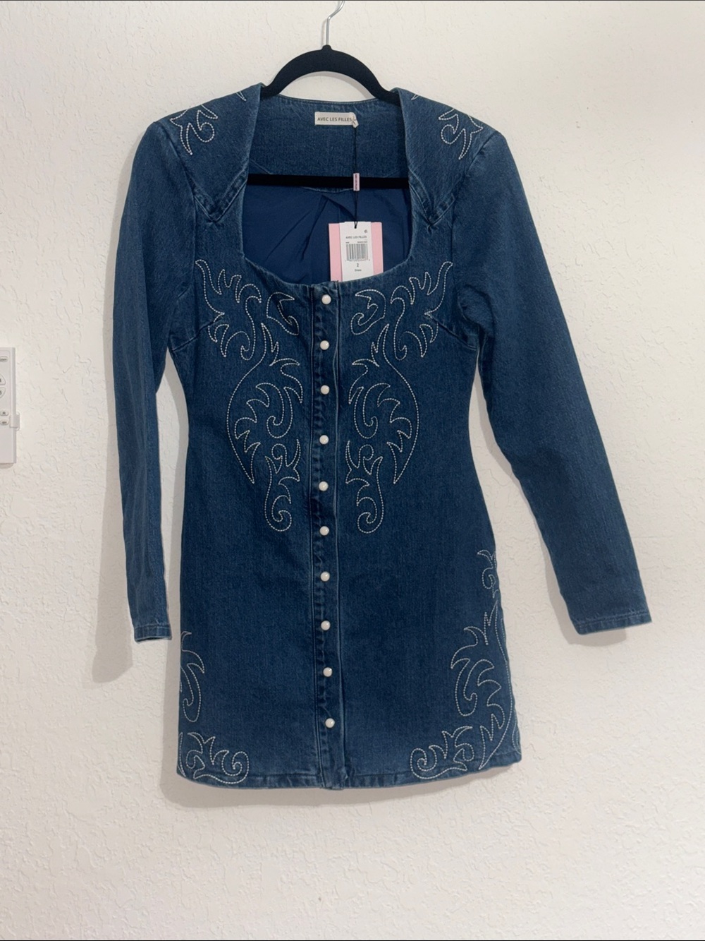 Avec Les Filles Dark Blue Embroidered Denim Button-Front Tunic